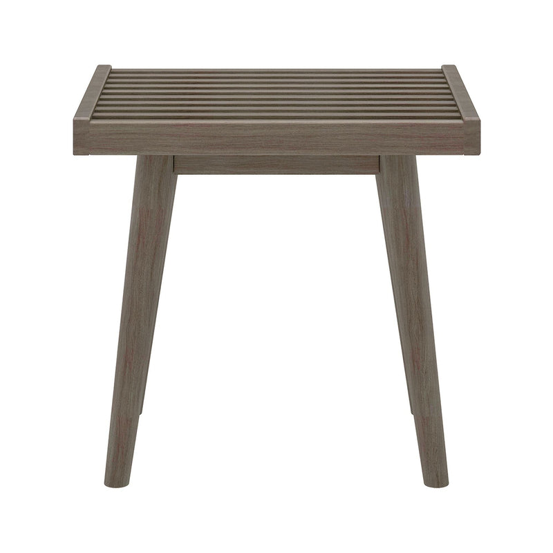Wooden side table with slatted top and modern design for home decor.