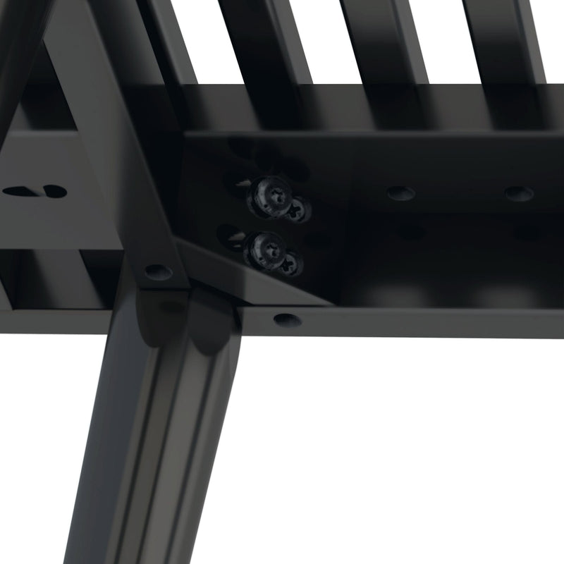 Close-up of a black metal furniture frame corner showing sturdy construction and bolts.