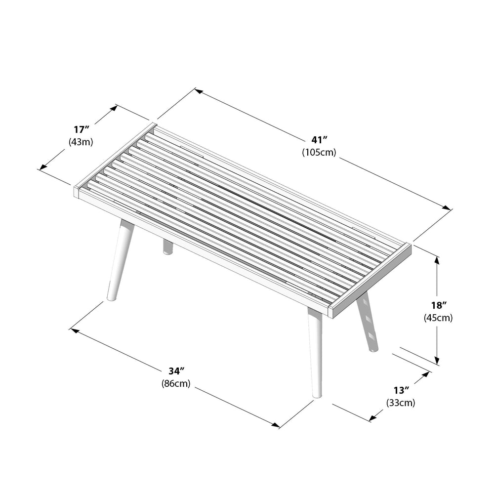 Illustration of a mid-century modern bench with slatted design and dimensions labeled in inches and centimeters.