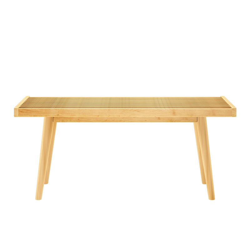Modern wooden slatted bench with minimalist design.
