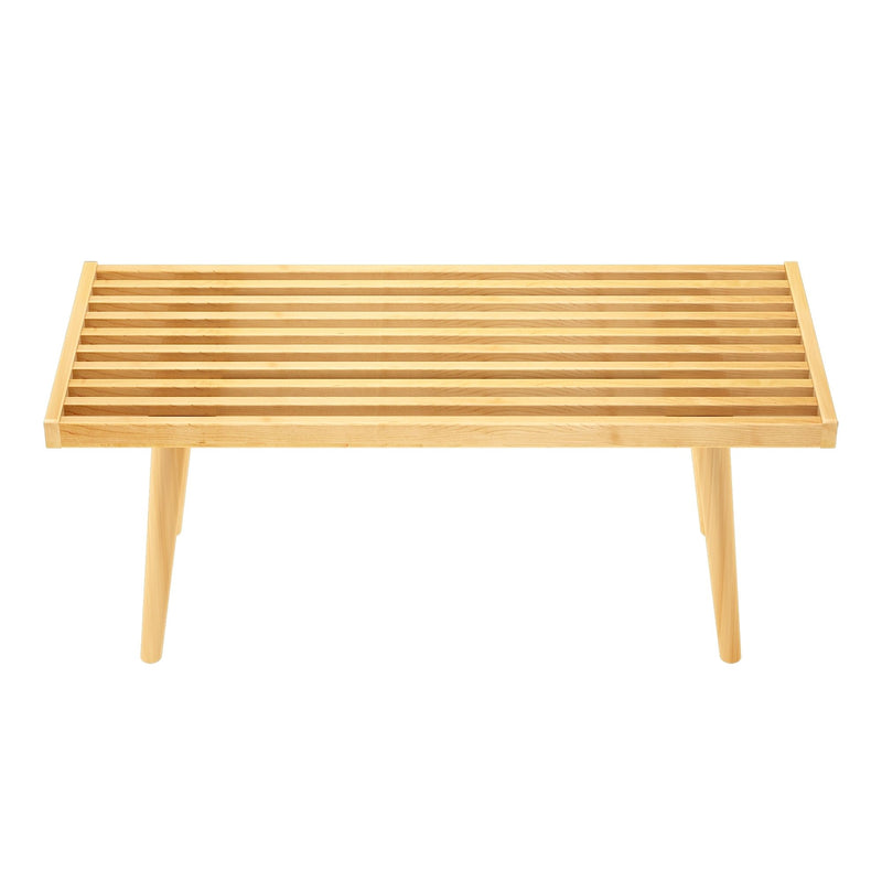 Minimalist wooden slatted bench with natural finish and modern design.
