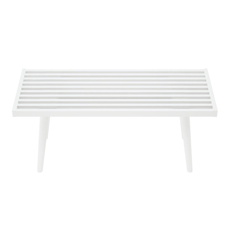 Modern white slatted outdoor coffee table with minimalist design.