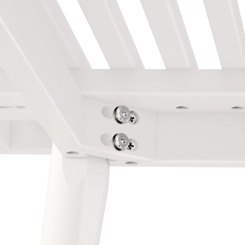 Close-up view of white metal bench with secure screws and sturdy construction, ideal for outdoor furniture.
