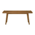 Mid-century modern wooden coffee table with slatted tabletop and sleek design.