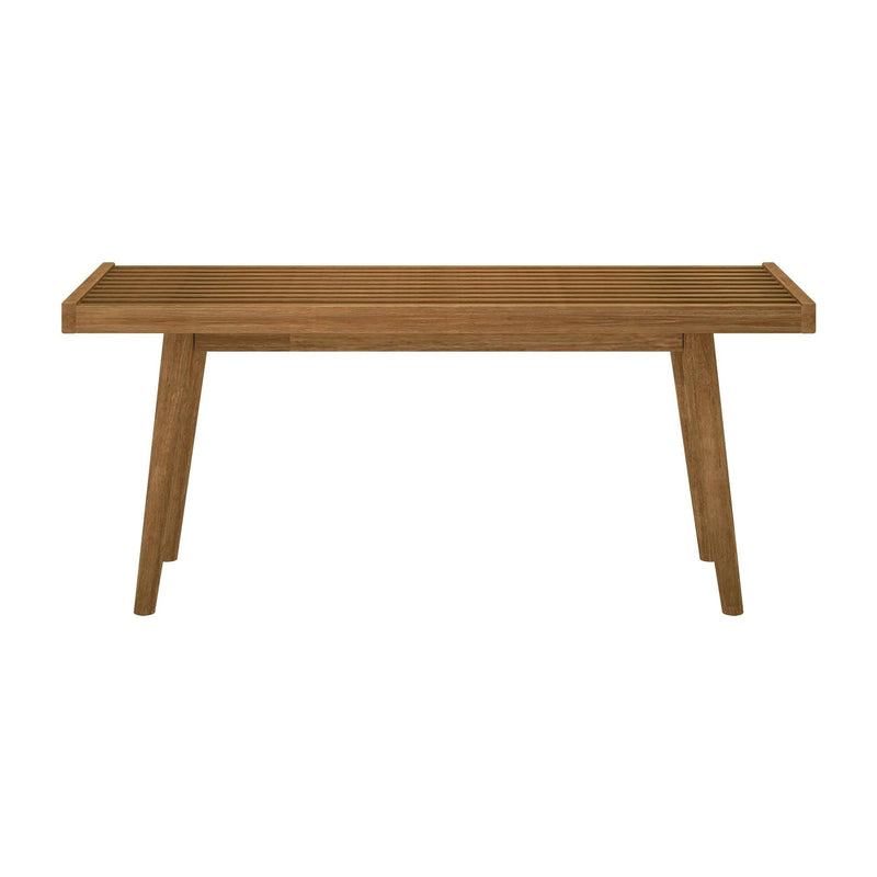 Mid-century modern wooden coffee table with slatted tabletop and sleek design.