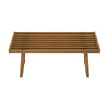 Mid-century modern slatted wooden coffee table with tapered legs.