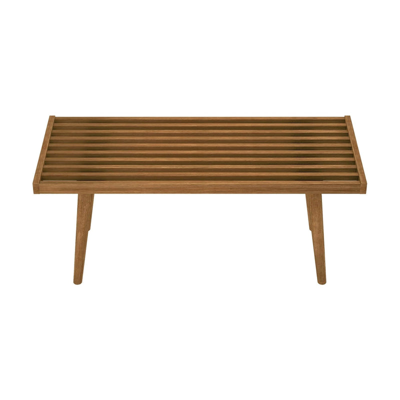 Mid-century modern slatted wooden coffee table with tapered legs.