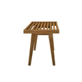 Wooden slatted table with angled legs, minimalist furniture design.