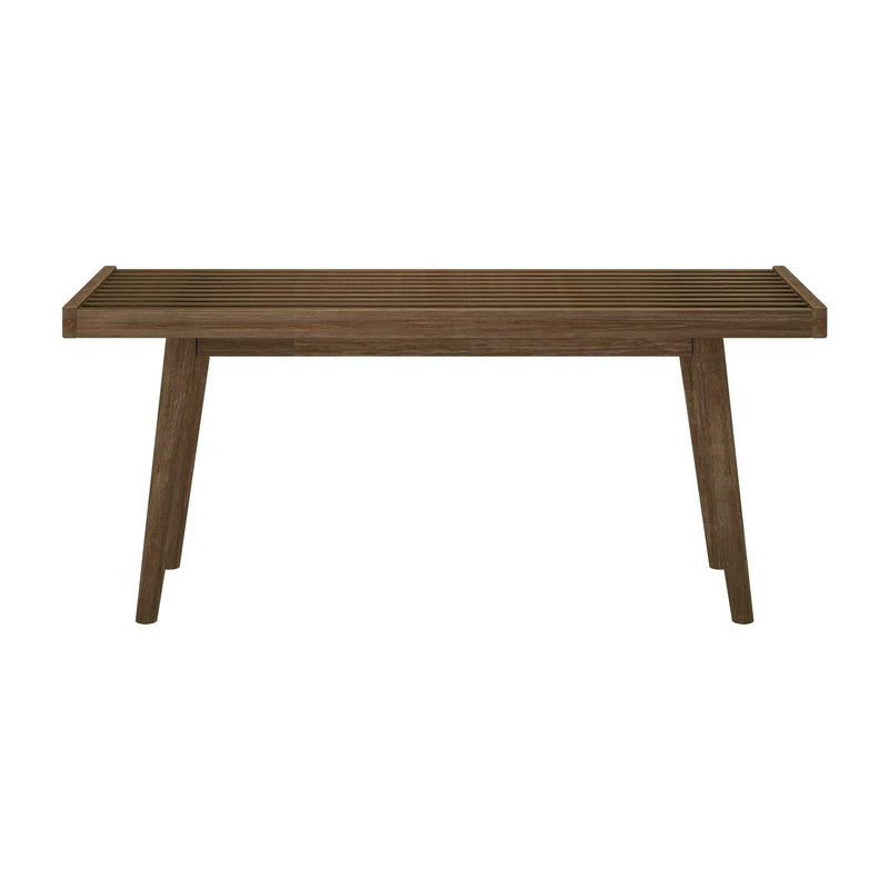 Mid-century modern wooden coffee table with slatted design and angled legs.