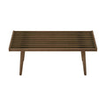 Mid-century modern wooden slatted bench with tapered legs, ideal for living room or entryway.