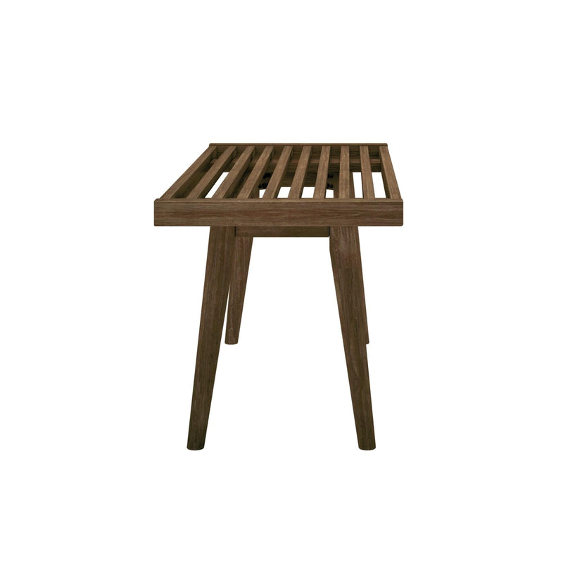 Side view of a modern slatted wooden bench with four legs, ideal for outdoor use.