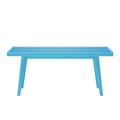 Modern blue slatted outdoor bench with minimalist design.