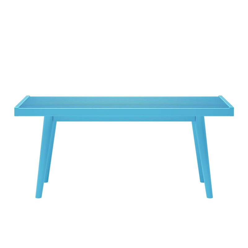Modern blue slatted outdoor bench with minimalist design.