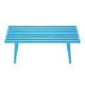 Modern blue slatted outdoor bench with minimalist design.