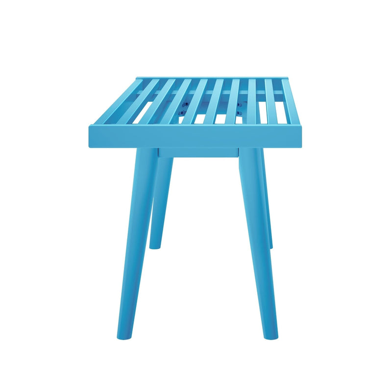 Blue wooden bench with slatted seat and modern design.