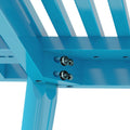 Close-up of blue metal bench assembly showcasing durable construction and bolts for outdoor furniture.