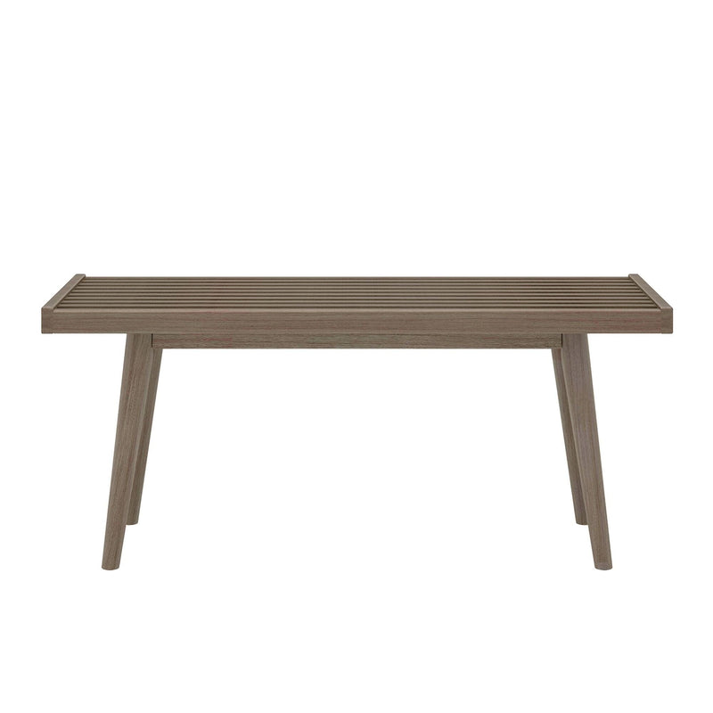 Modern wooden slatted bench with minimalist design and angled legs.