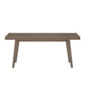 Modern wooden slatted bench with minimalist design and angled legs.