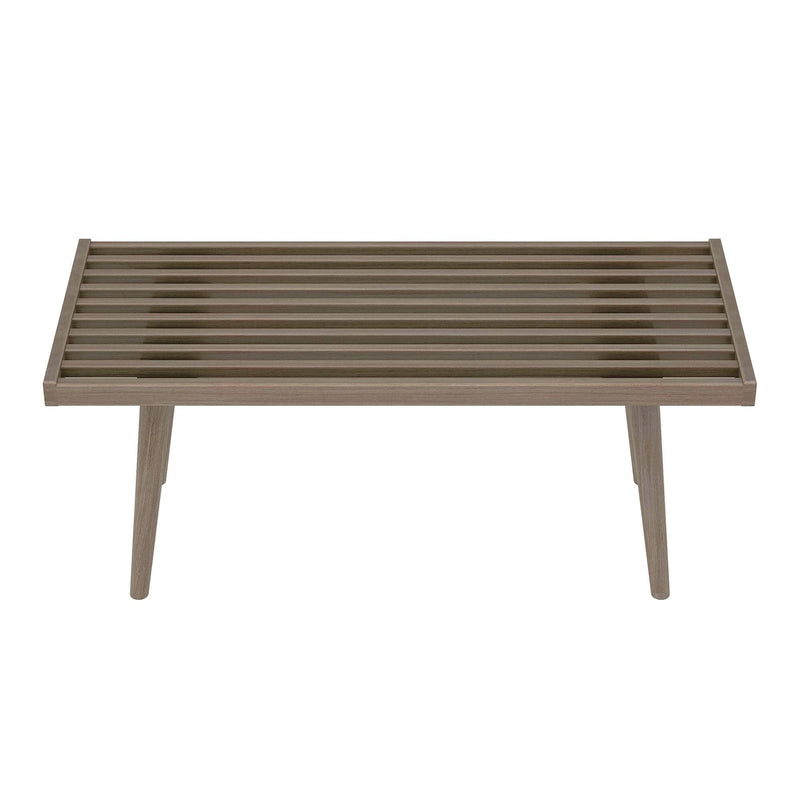 Mid-century modern wooden coffee table with slatted top design and angled legs.