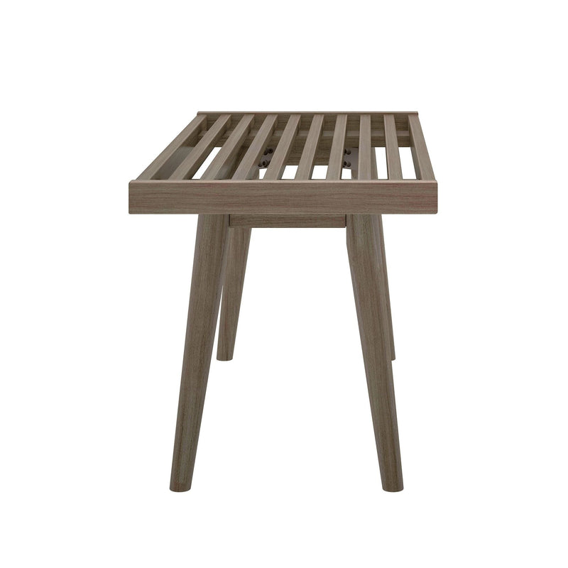 Mid-century modern wooden bench with slatted top and tapered legs.