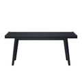 Black slatted wooden bench with modern design for outdoor use.