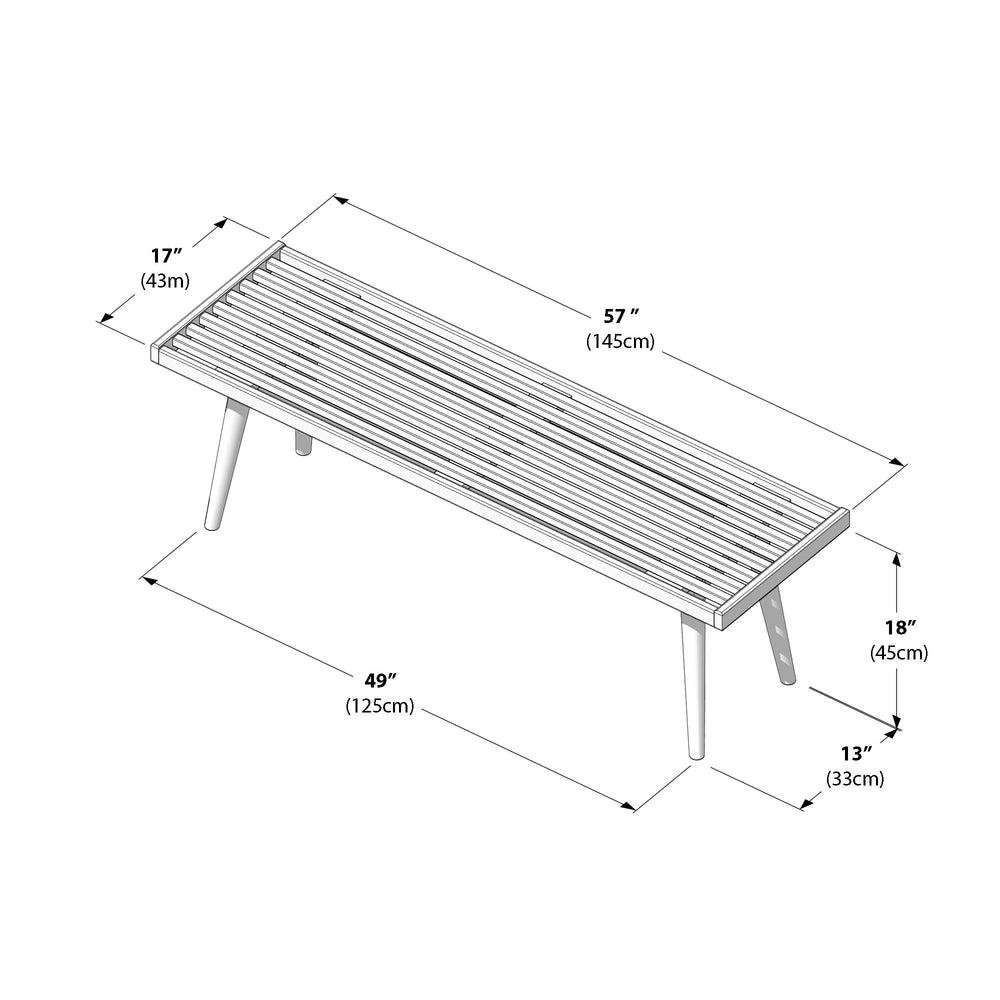 Mid-century modern slatted wood bench with precise dimensions, including length, width, and height measurements in inches and centimeters.