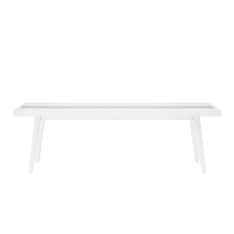 White modern outdoor bench with slatted seat and minimalist design.