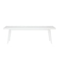 White modern outdoor bench with slatted seat and minimalist design.