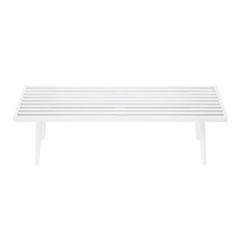 White modern minimalist slatted wooden bench on a plain background.