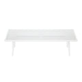 White modern minimalist slatted wooden bench on a plain background.