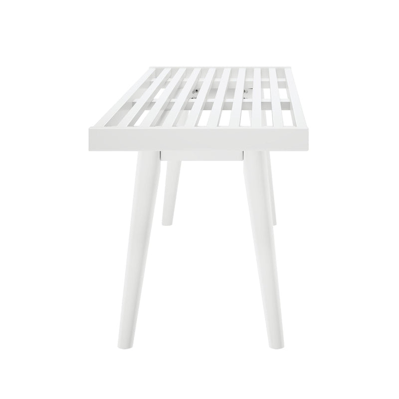Modern white slatted bench with minimalist design and angled legs.