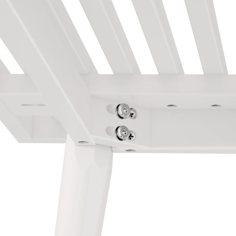 Close-up view of white metal bench structure showing stainless steel screws and assembly details for outdoor furniture.