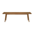 Mid-century modern wooden bench with slatted design and tapered legs.