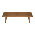 Mid-century modern wooden slatted bench with minimalist design and tapered legs.