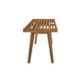 Mid-century modern wooden bench with slatted seat and tapered legs, ideal for home decor and storage.