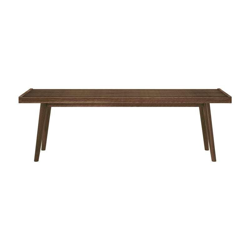 Mid-century modern wooden bench with slatted seat and angled legs for stylish home decor.