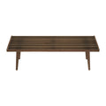 Mid-century modern wooden slat bench with minimalist design.