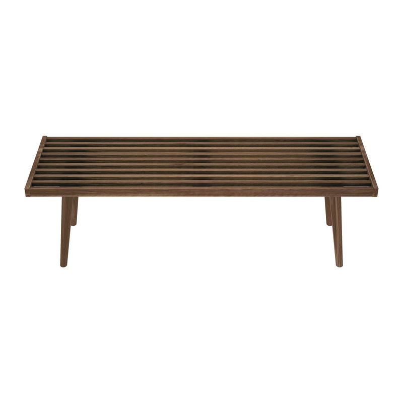 Mid-century modern wooden slat bench with minimalist design.