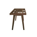 Wooden slatted bench with sleek design and sturdy legs.