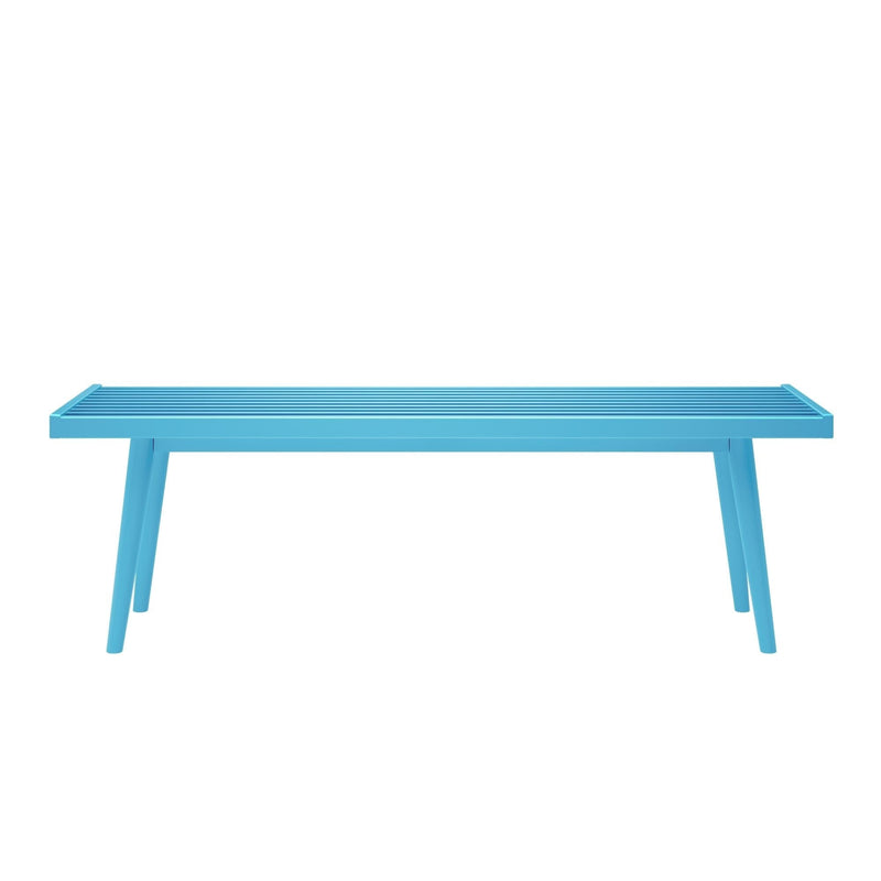 Blue minimalist bench with slatted top and angled legs.