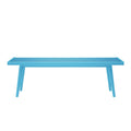 Blue minimalist bench with slatted top and angled legs.