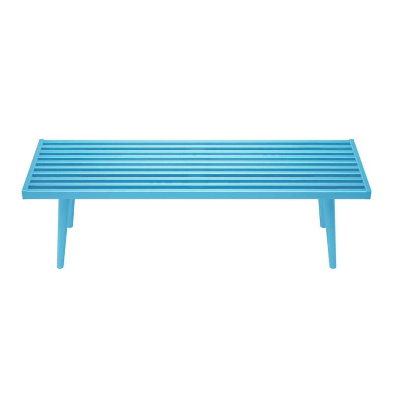 Modern blue slatted bench with minimalist design.