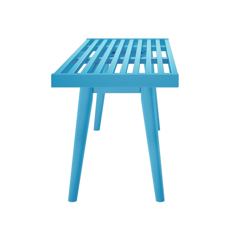 Modern blue slatted bench with sleek design and sturdy legs.