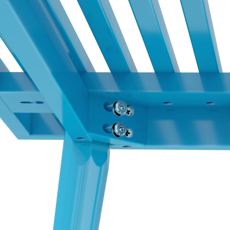 Close-up of blue metal furniture assembly showing bolts and connections.