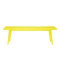 Bright yellow outdoor garden bench with minimalist design.