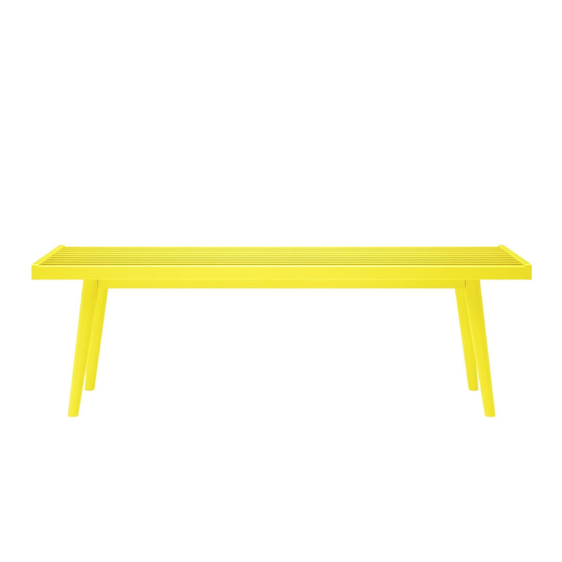 Bright yellow outdoor garden bench with minimalist design.