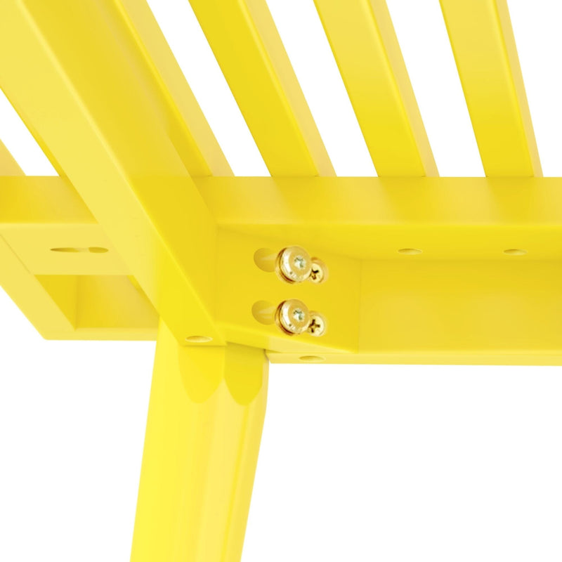 Close-up view of a modern yellow metal bench with slatted design and high-quality construction, showcasing sturdy bolts and sleek craftsmanship.