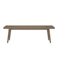Wooden mid-century modern coffee table with slatted top and angled legs.