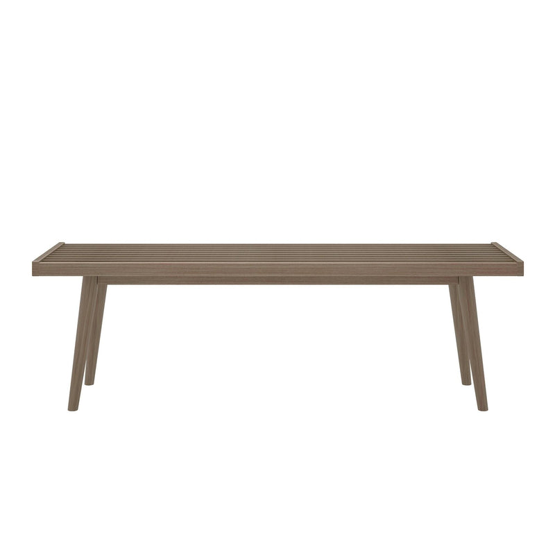 Wooden mid-century modern coffee table with slatted top and angled legs.