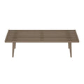 Minimalist wooden bench with slatted design and angled legs.